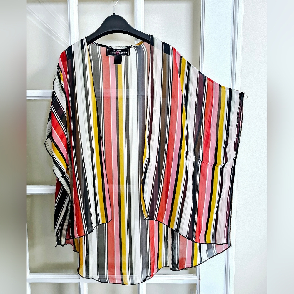 Polly & Esther Kimono Size Large Cardigan Cover Up Sheer Striped Open Front